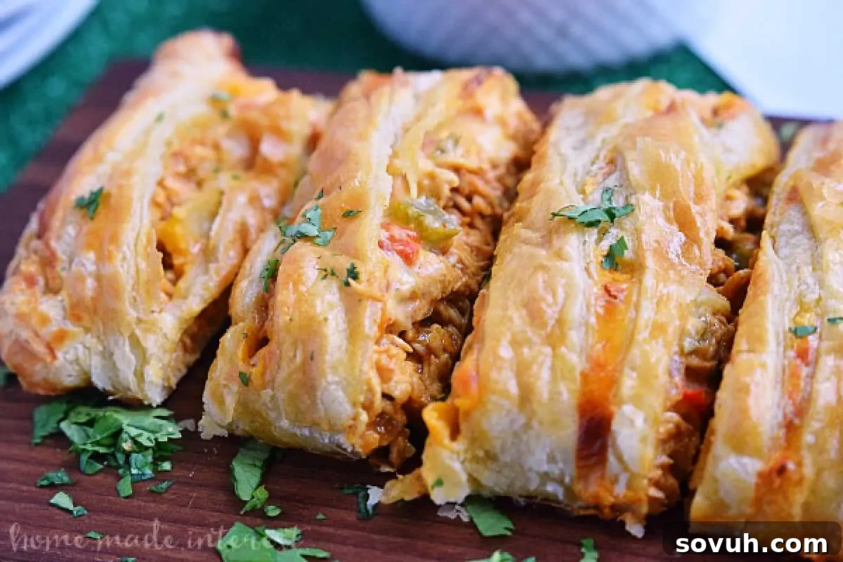 A golden-brown chicken pot pie with a flaky, braided crust, revealing a hearty filling of chicken and vegetables, garnished with fresh parsley on a wooden cutting board.