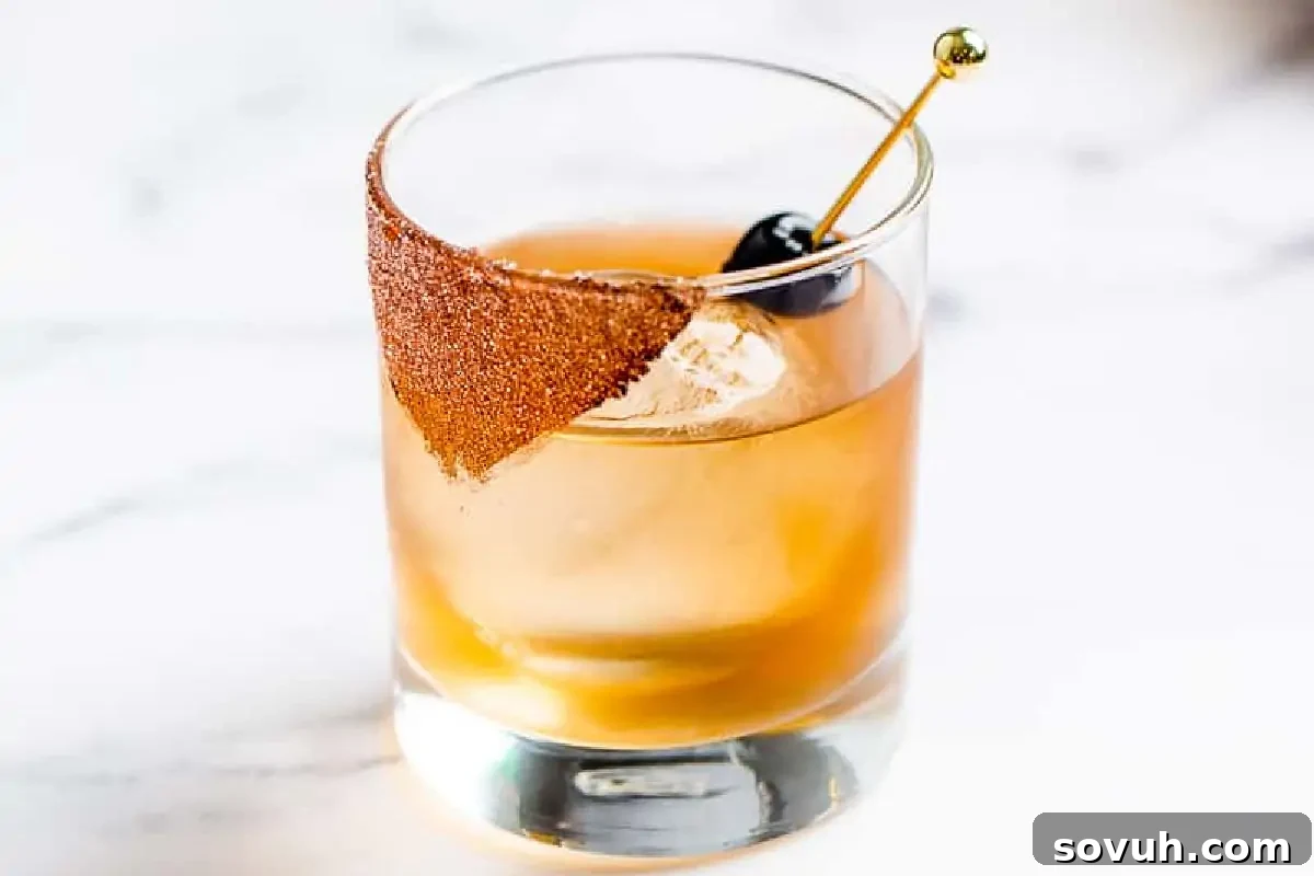 Whiskey cocktail in a clear glass with ice, garnished with a dark cherry and a brown sugar rim.