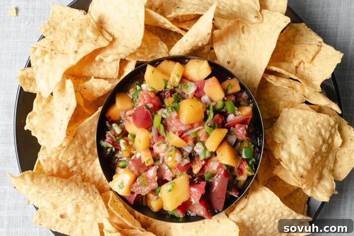 A inviting bowl of vibrant peach salsa, surrounded by perfectly arranged tortilla chips on a modern grey tabletop, ready for dipping.