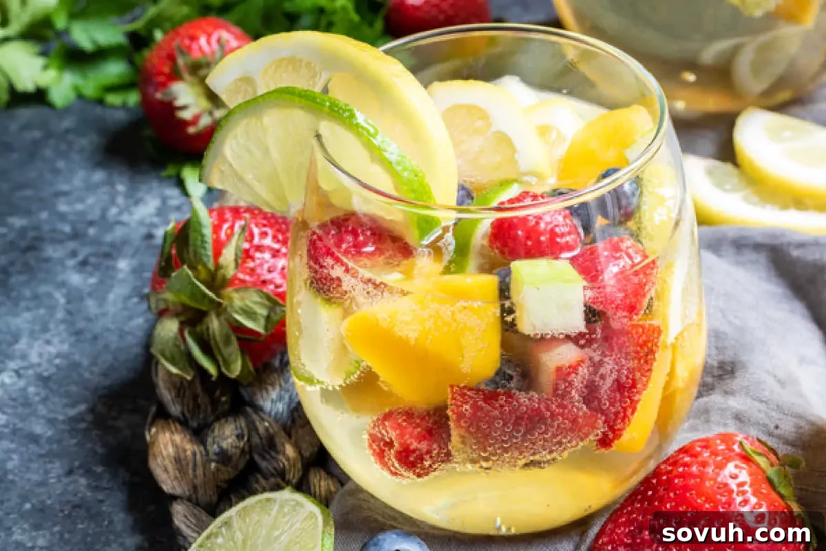 A glass of sparkling fruit punch garnished with slices of lemon, lime, and berries, surrounded by fresh strawberries and blueberries on a dark surface.