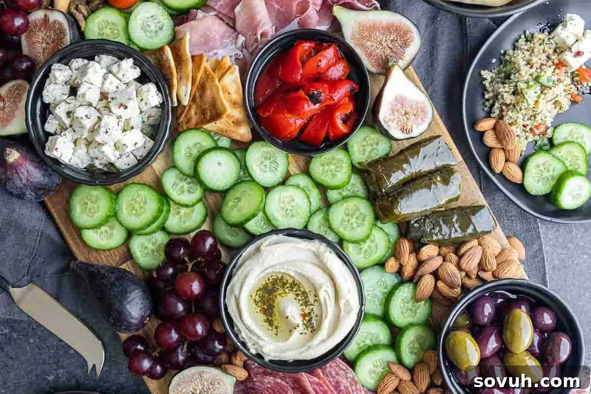 A variety of mediterranean snacks including fresh figs, cured meats, cheeses, hummus, nuts, and veggies spread on a slate board.