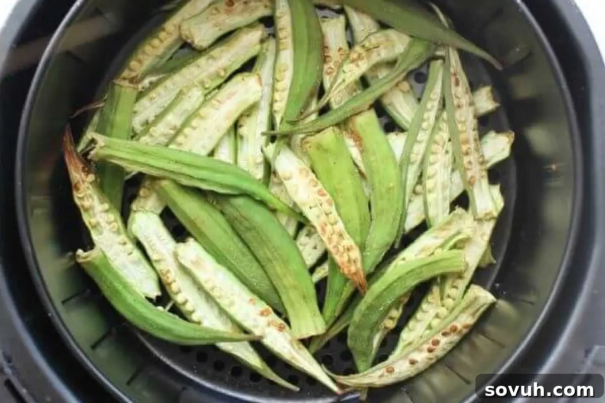 air fried okra in an air fryer basket