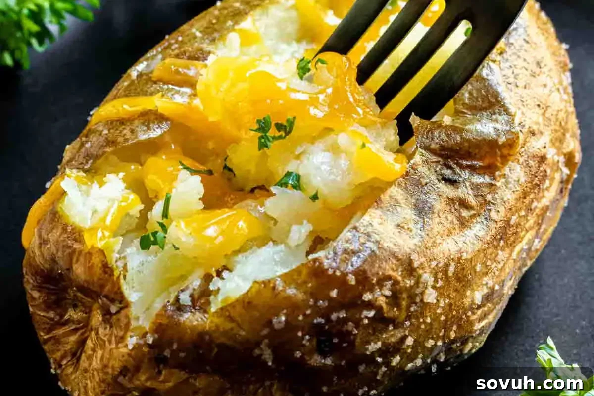 black fork taking a bite from a baked potato