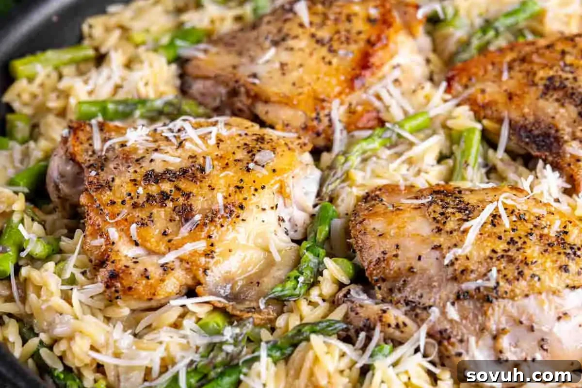 Close-up of a skillet with seasoned chicken thighs and sautéed vegetables over rice.