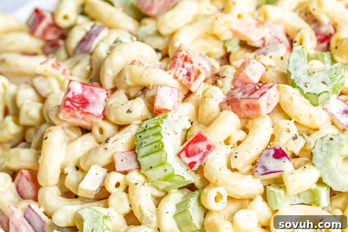 Creamy Classic Macaroni Salad with elbow macaroni and finely diced vegetables