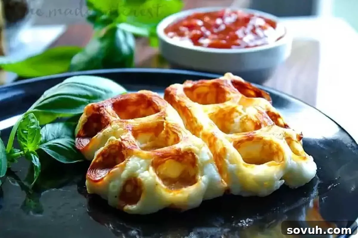 A plate of cheesy puff pastry tartlets next to a bowl of tomato sauce and fresh basil leaves.