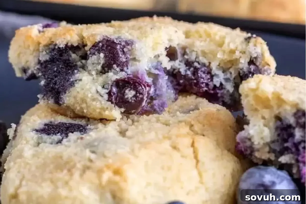 A close-up of a freshly baked blueberry muffin with visible plump berries and a golden, crumbly texture.