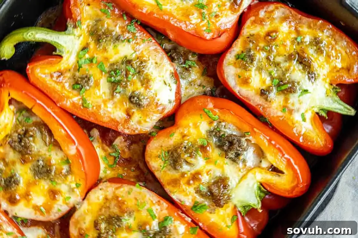 Beautifully baked Lasagna Stuffed Red Bell Peppers, filled with seasoned ground beef and ricotta cheese, topped with melted mozzarella and fresh herbs, served in a black baking dish.