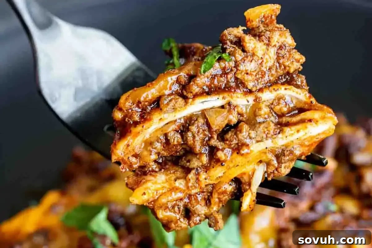 A savory forkful of Beef Enchilada Casserole, showcasing layers of seasoned ground beef, melted cheese, and tender flour tortillas coated in rich enchilada sauce, served in a rustic dish.