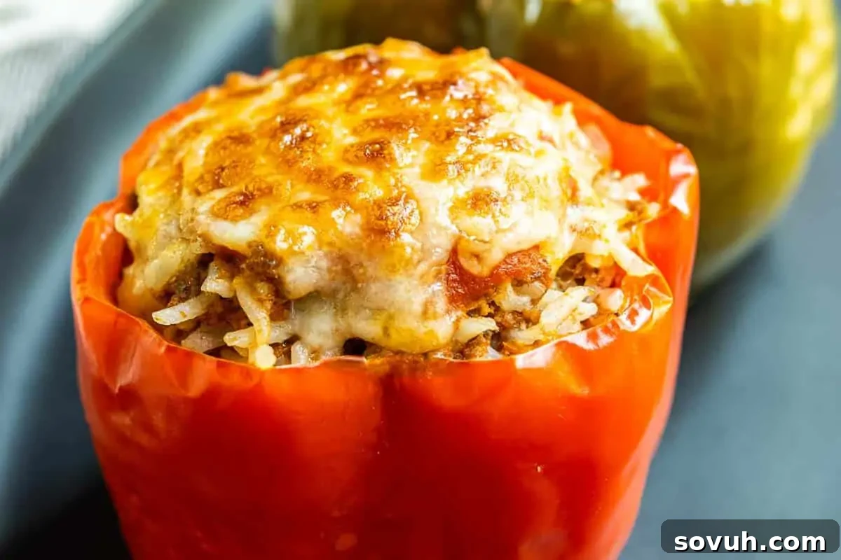 A perfectly cooked Instant Pot Stuffed Bell Pepper, topped with golden melted cheese and fresh herbs, served on a clean white plate, offering a wholesome and delicious meal.