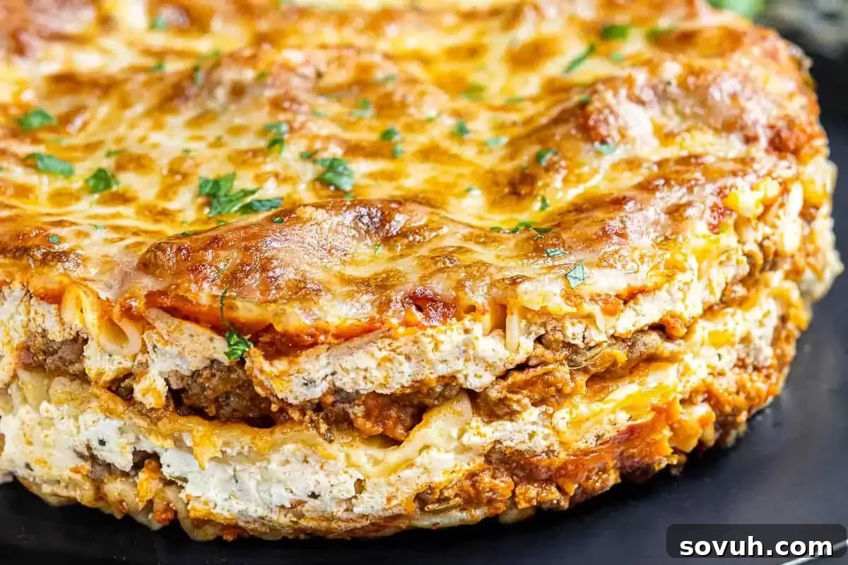 A glorious slice of Instant Pot Lasagna, showcasing perfectly cooked layers of pasta, seasoned ground beef, rich marinara, and gooey melted cheeses, fresh out of the pressure cooker.