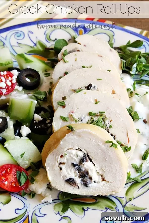 Delicious Greek Chicken Roll-Ups stuffed with olives and feta, served with tzatziki, an ideal easy dinner recipe.