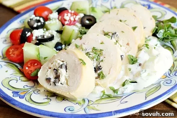The final plated Greek Chicken Roll-Ups with tzatziki, ready to be served, a simple yet elegant meal.