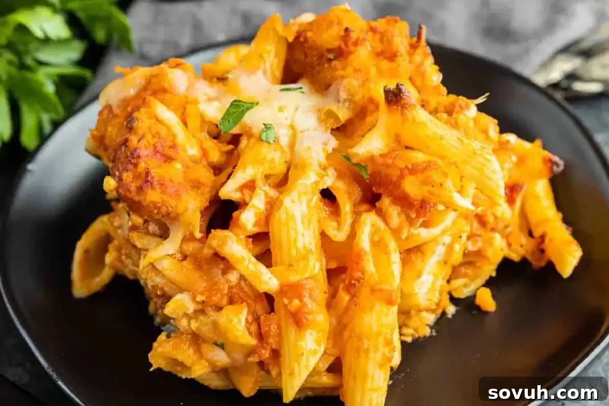 A serving of baked ziti with melted cheese and tomato sauce on a black plate, garnished with basil.