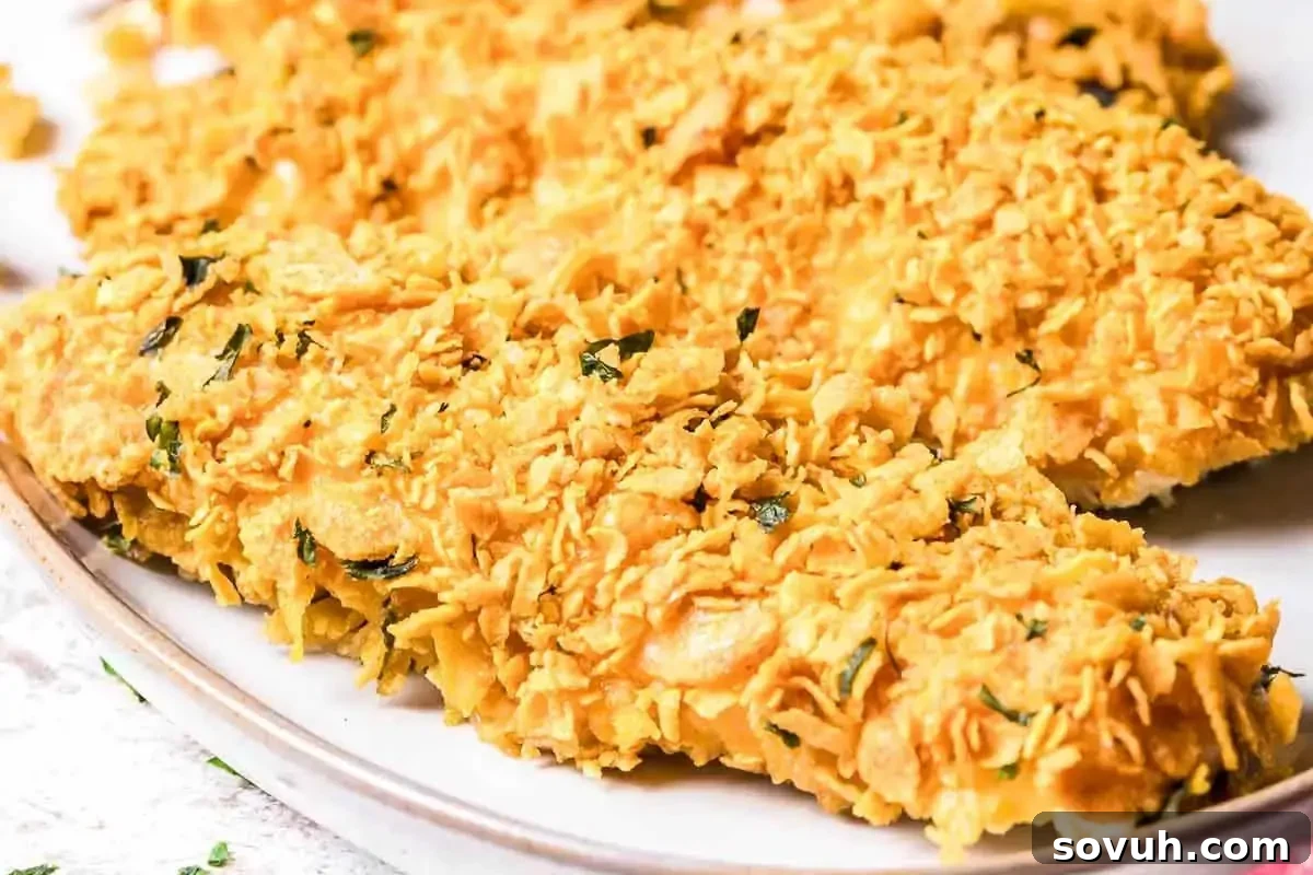 A plate of crispy fried chicken fillets garnished with herbs.