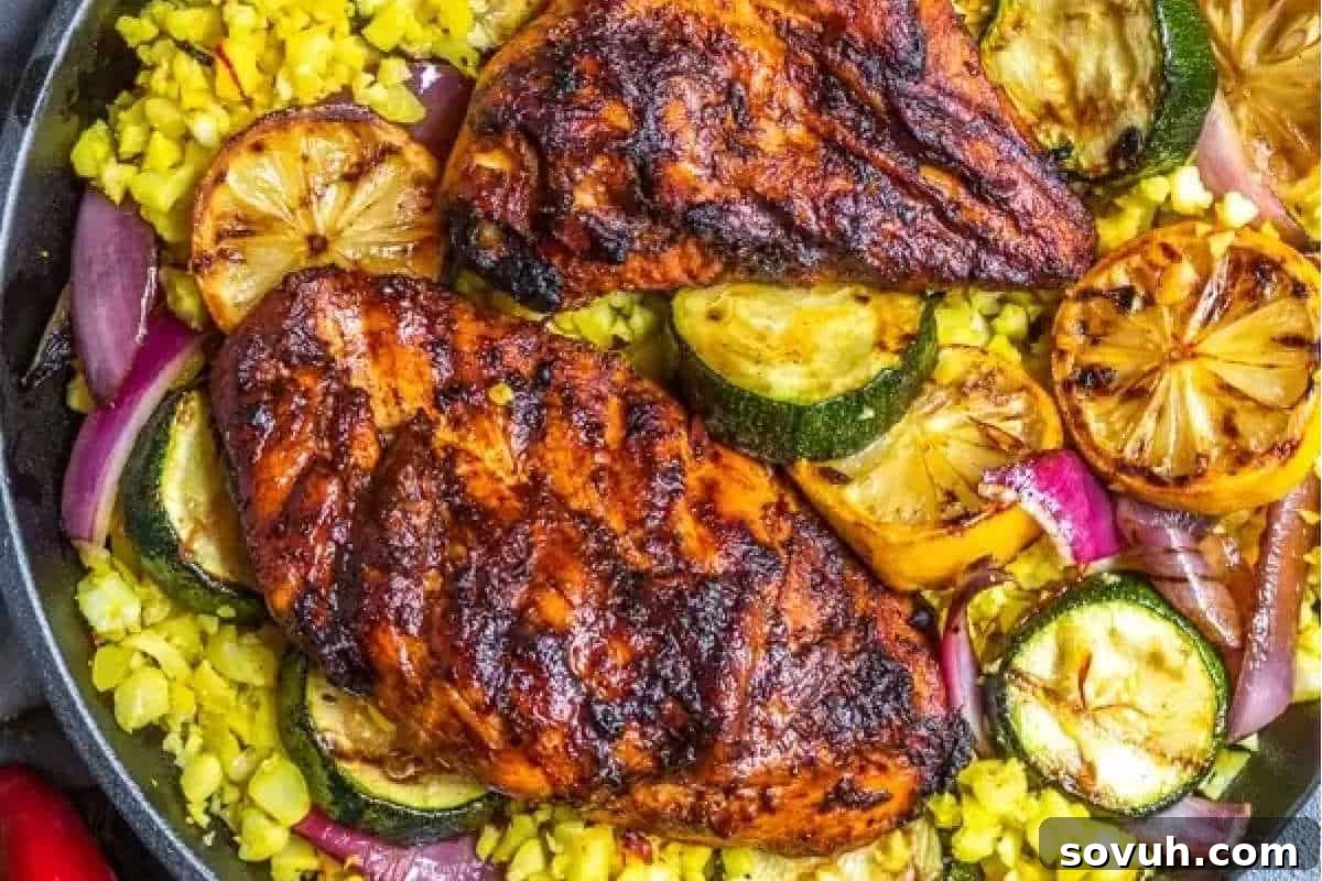 Grilled chicken breasts with charred lemon slices, zucchini, and red onions, served over yellow rice in a skillet.