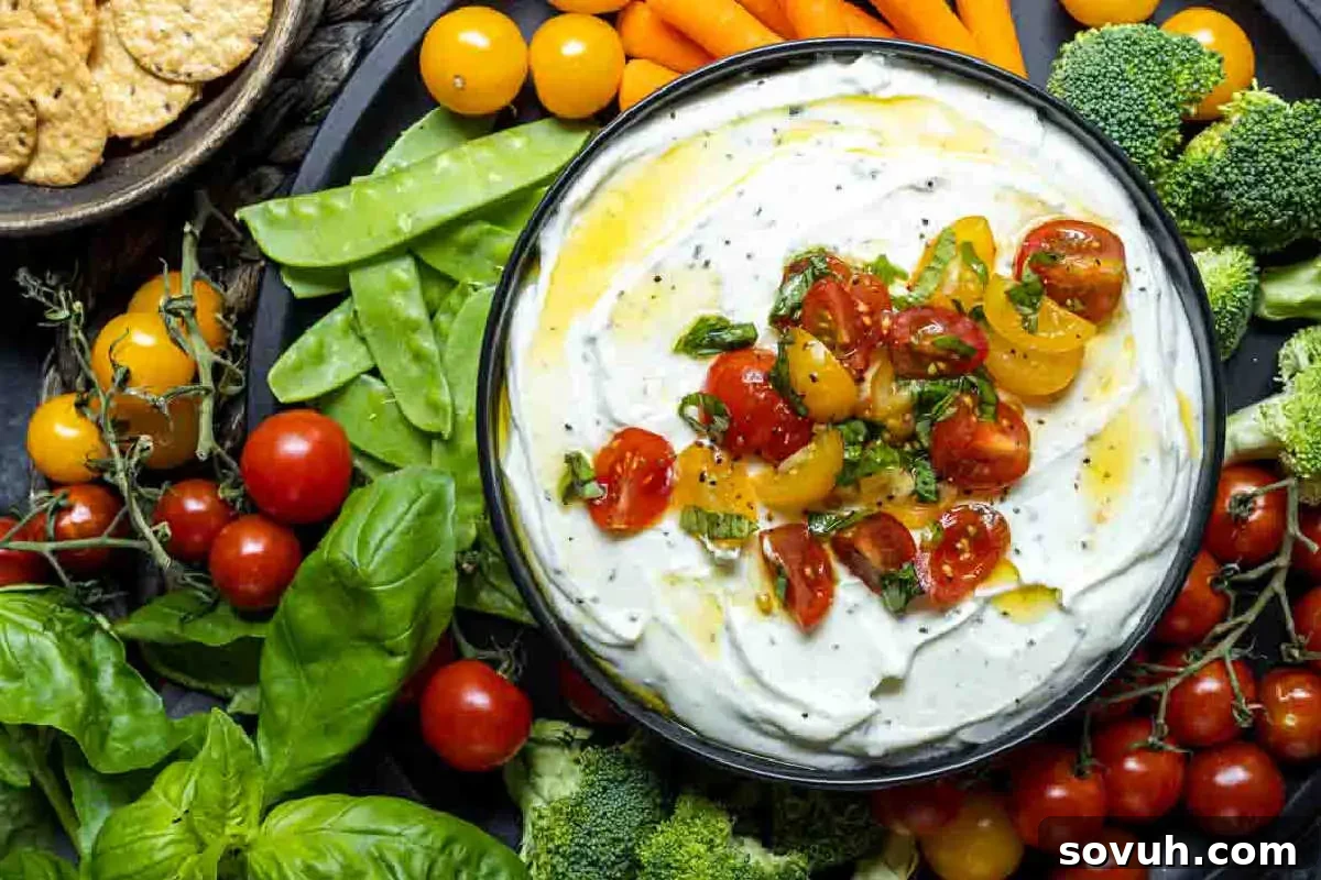 A bowl of yogurt dip topped with cherry tomatoes, surrounded by assorted raw vegetables and crackers.
