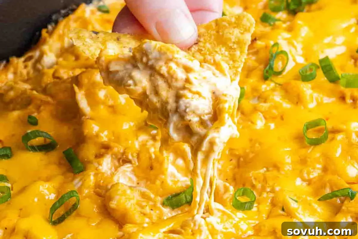 A hand dips a tortilla chip into creamy, melted cheese topped with chopped green onions.