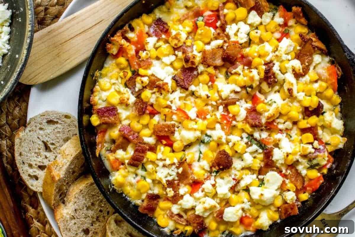 Skillet with corn, red peppers, and crumbled cheese, topped with bacon pieces, served with sliced bread on the side.