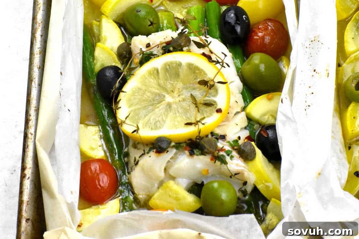 A delicately prepared parchment paper packet showcasing a flaky white fish fillet, vibrant lemon slices, juicy cherry tomatoes, crisp asparagus spears, briny capers, savory olives, and fragrant thyme, perfectly arranged and ready for baking.