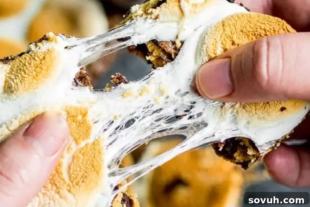 Hands pulling apart a gooey s'mores cookie with melted marshmallow and chocolate.