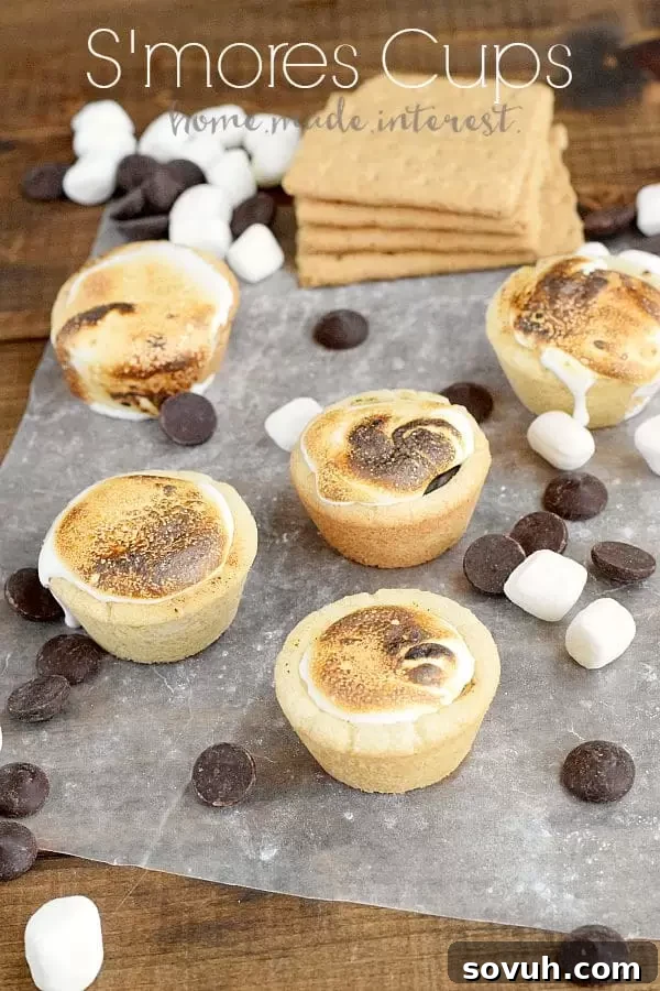 Delicious S'mores Cookie Cups filled with chocolate ganache and topped with a perfectly roasted marshmallow.