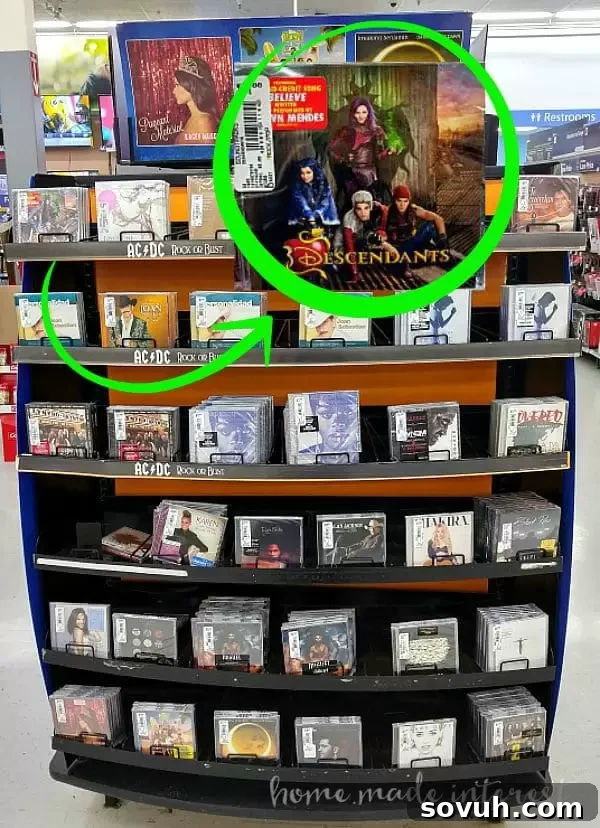 Disney Descendants movie and soundtrack display at Walmart, showing availability for fans