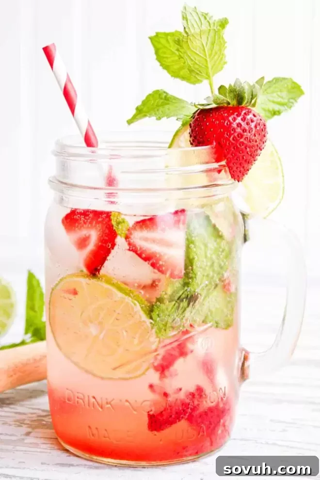 Strawberry mojito mocktail in a mason jar.