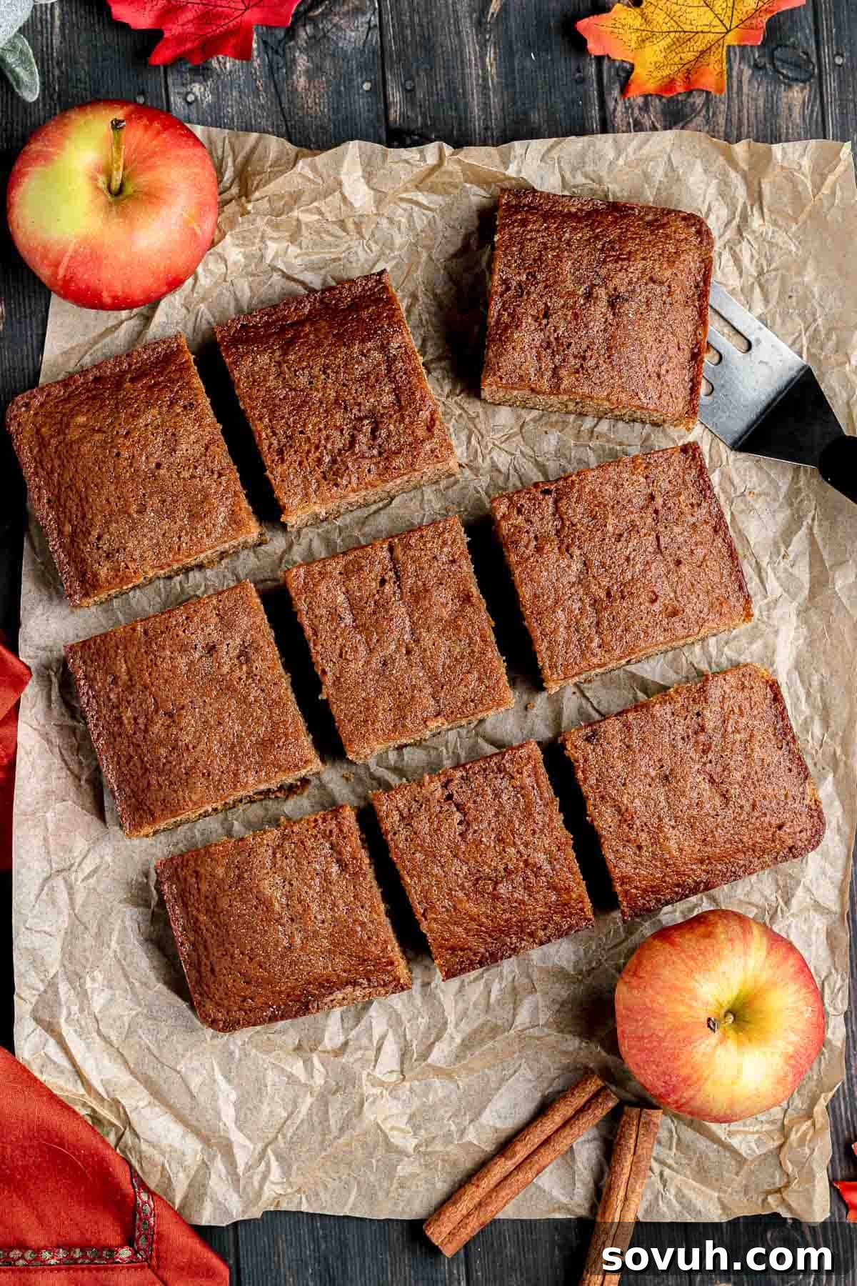 Freshly baked Apple Spice Cake, perfectly sliced into square portions, ready for serving. The golden-brown crust and moist interior are visible, inviting a taste.