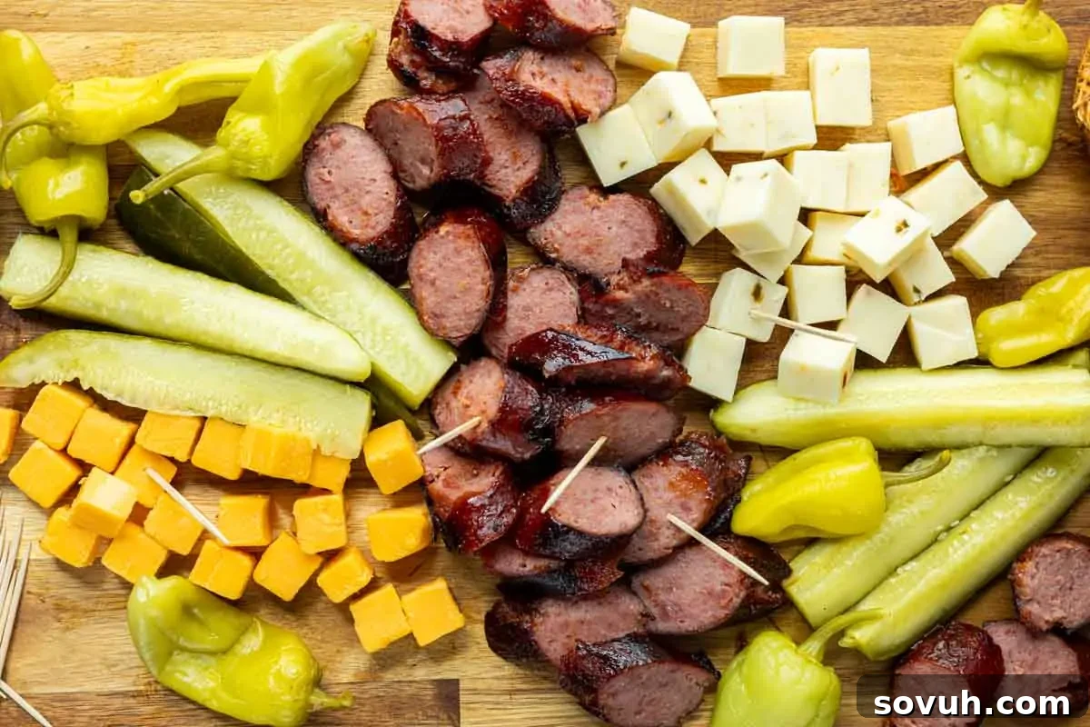 A wooden board with sliced sausage, cubes of cheddar and white cheese, whole pickles, pickle spears, and whole pepperoncini. Some sausage pieces have toothpicks.