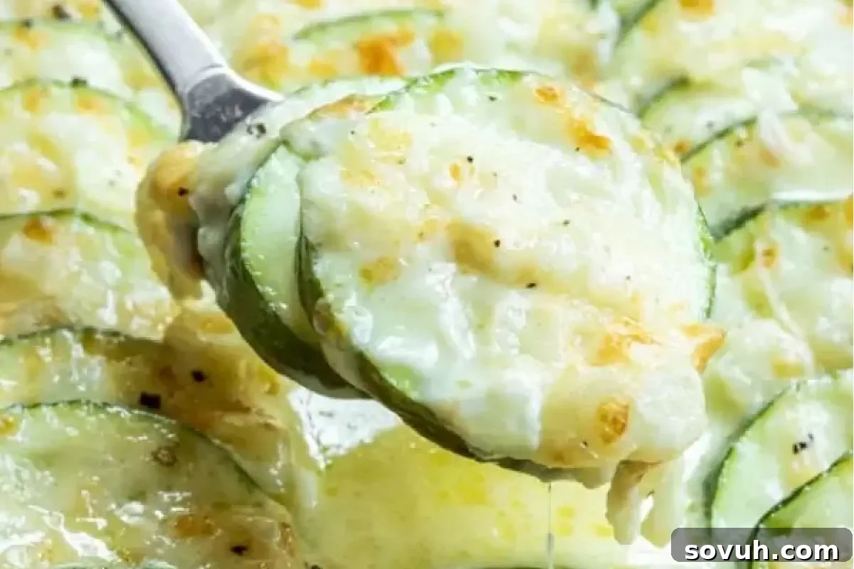 Close-up of a spoonful of zucchini gratin with melted cheese and a creamy sauce, showing finely sliced zucchini layers topped with a golden-brown, bubbly cheese crust.