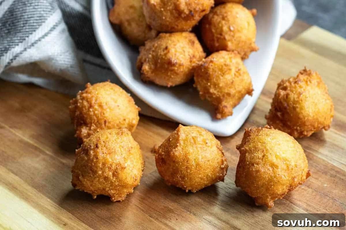 A white bowl tipped over, elegantly spilling out several golden-brown hush puppies onto a rustic wooden surface, with a gray and white striped cloth neatly arranged nearby.