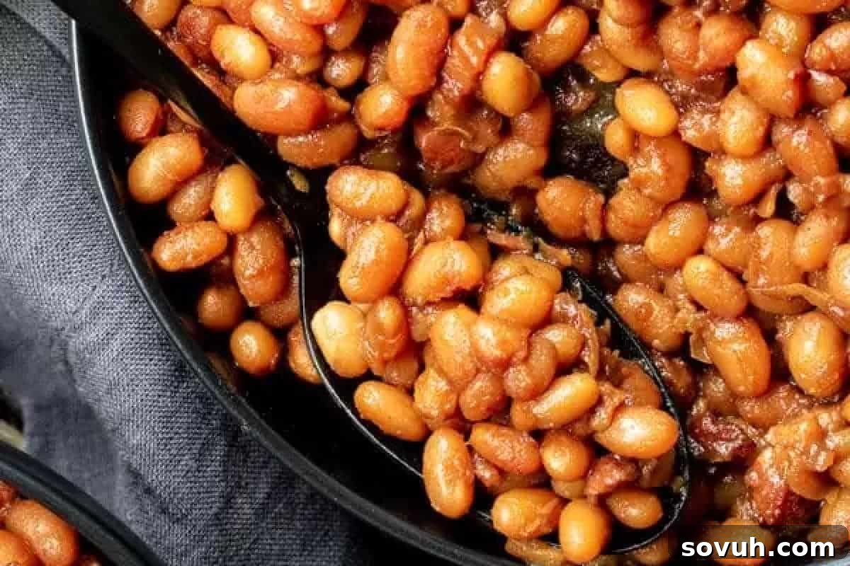 Close-up of perfectly cooked Boston baked beans in a black container, with some savory beans visible on a black spoon, ready to be served.