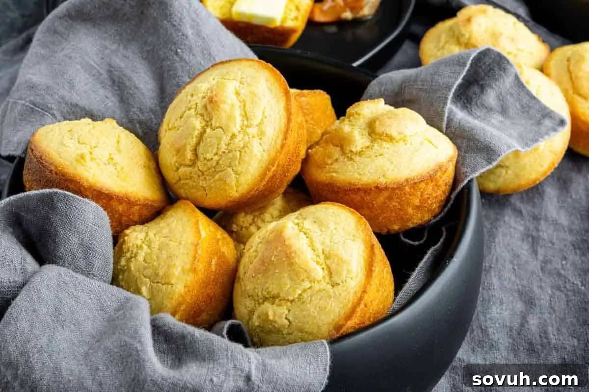 A rustic bowl filled with several golden-brown, freshly baked corn muffins wrapped in a gray cloth, with more muffins on a tray in the background.