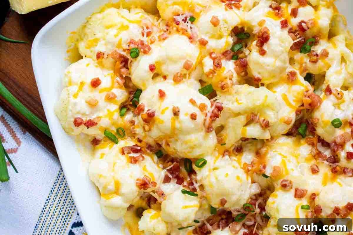 A tempting dish of tender cauliflower florets generously covered in bubbly, melted cheese and sprinkled with vibrant chopped green onions and crispy bacon bits.
