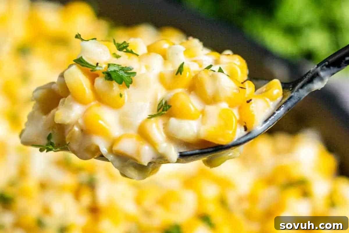 A spoonful of rich and creamy corn, perfectly cooked and topped with a sprinkle of fresh parsley, held against a blurred background of more delicious creamed corn.