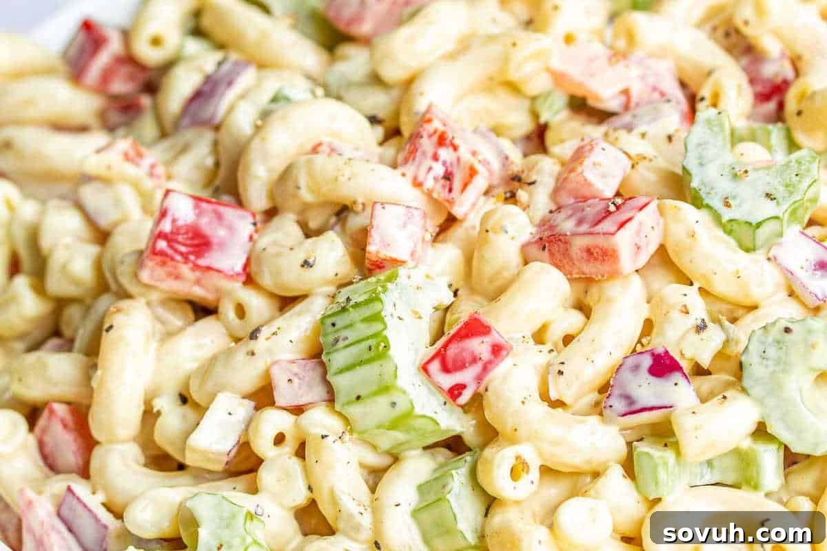 A close-up of a vibrant macaroni salad featuring perfectly cooked elbow pasta, diced red bell peppers, crisp celery, and thinly sliced red onions, all generously coated in a creamy, tangy dressing.