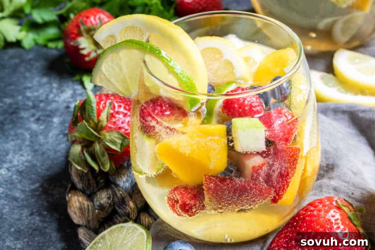 A clear glass holds a refreshing fruit-infused water with slices of lemon, lime, strawberries, and other fruits. It is surrounded by whole strawberries and a cut lime.