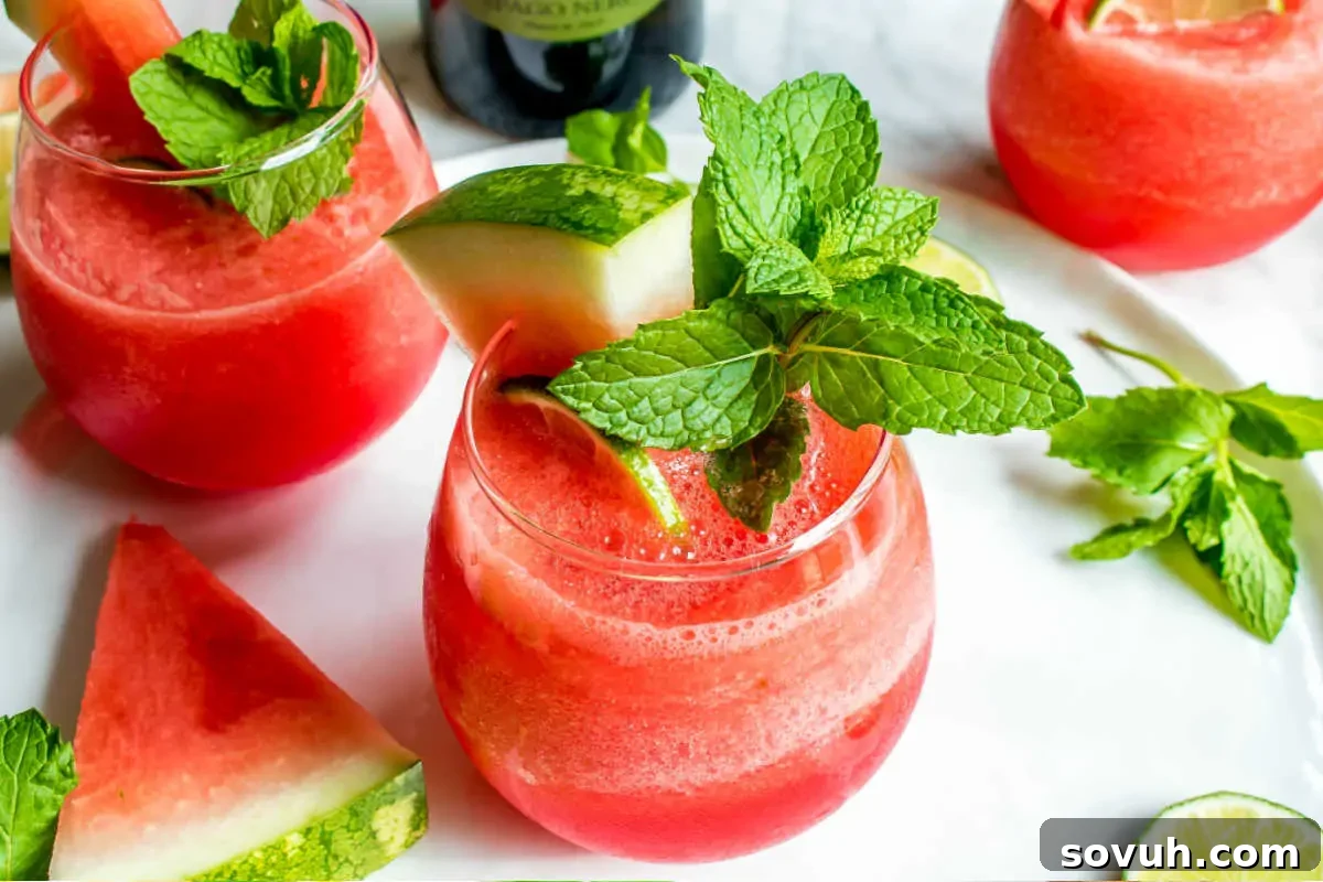 Three glasses of watermelon mojito, garnished with fresh watermelon slices and mint leaves, are served on a white surface, surrounded by watermelon pieces and mint sprigs.