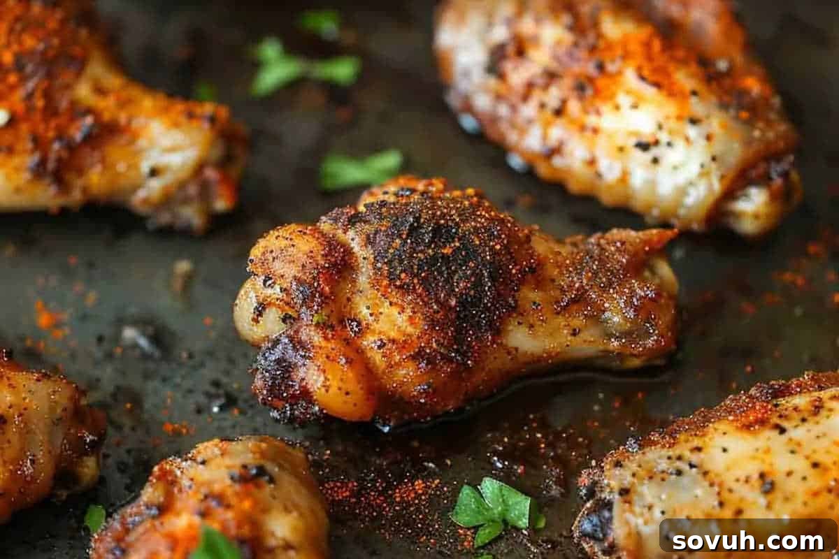 A close-up view of several perfectly seasoned and crispy cooked chicken wings, artfully arranged on a dark surface and garnished with fresh, small green herbs, highlighting their delicious texture and vibrant color.