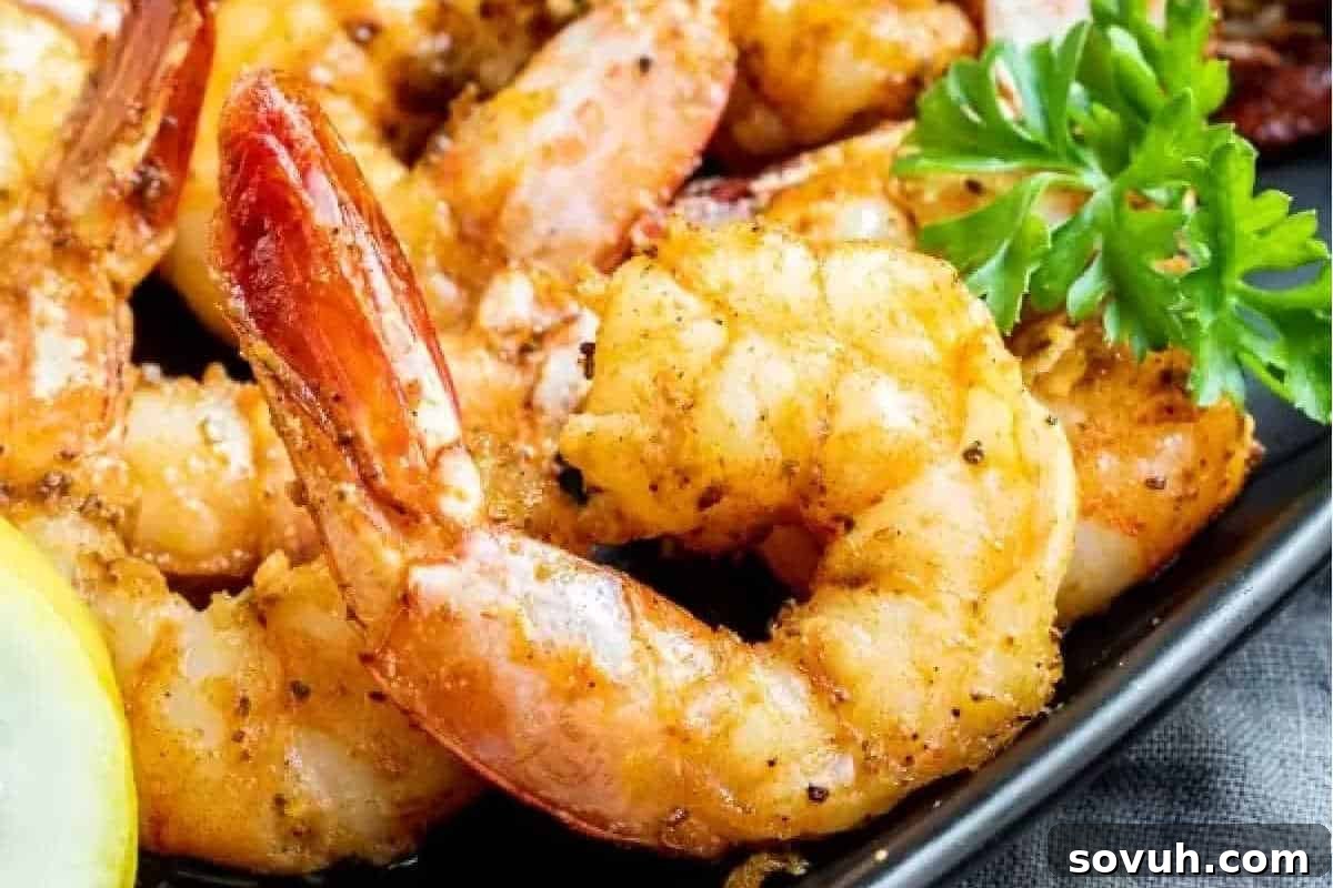 A perfectly cooked plate of Air Fryer Shrimp, golden and crispy, generously seasoned and garnished with fresh parsley. A vibrant lemon wedge sits invitingly on the side, ready to add a burst of fresh flavor.