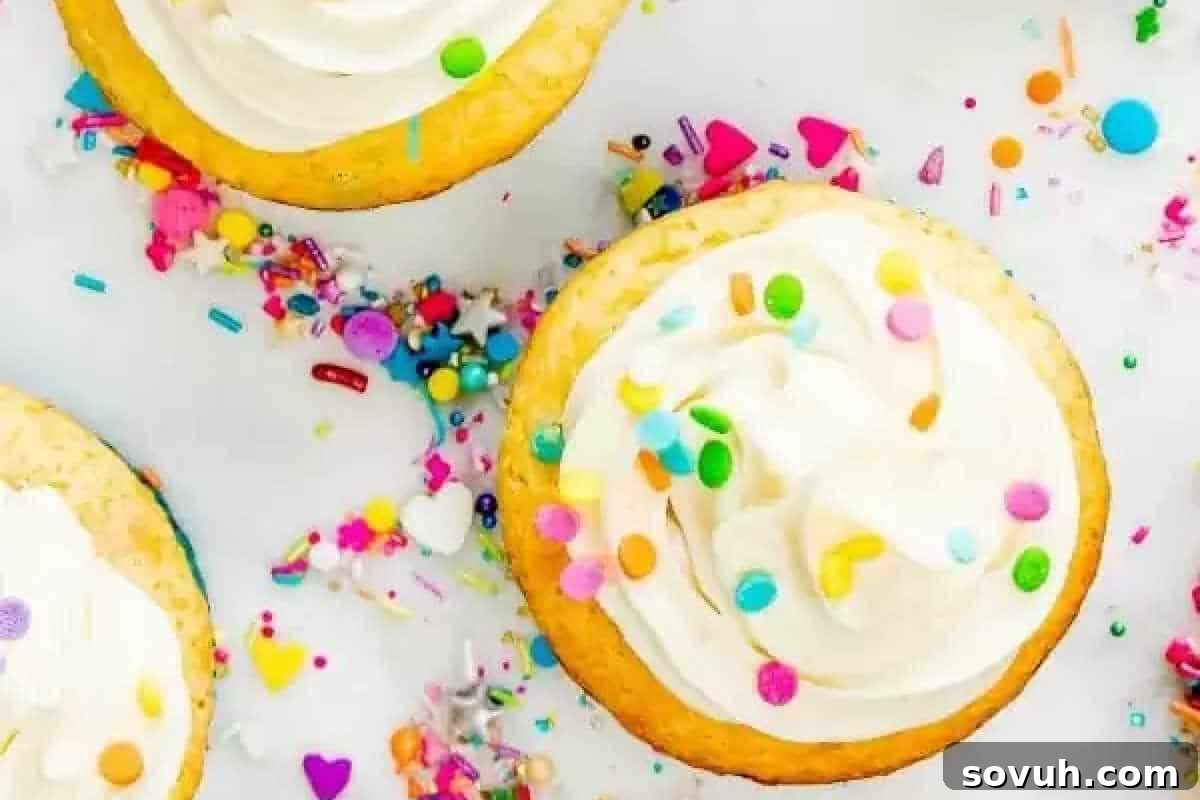 Cake Mix Magic 13 Close-up of cupcakes topped with white frosting and colorful sprinkles, surrounded by scattered sprinkles.