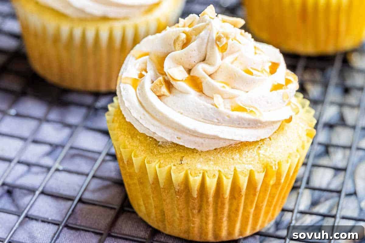 Cake Mix Magic 20 A close-up of a vanilla cupcake with caramel frosting and sprinkled nuts, placed on a cooling rack.