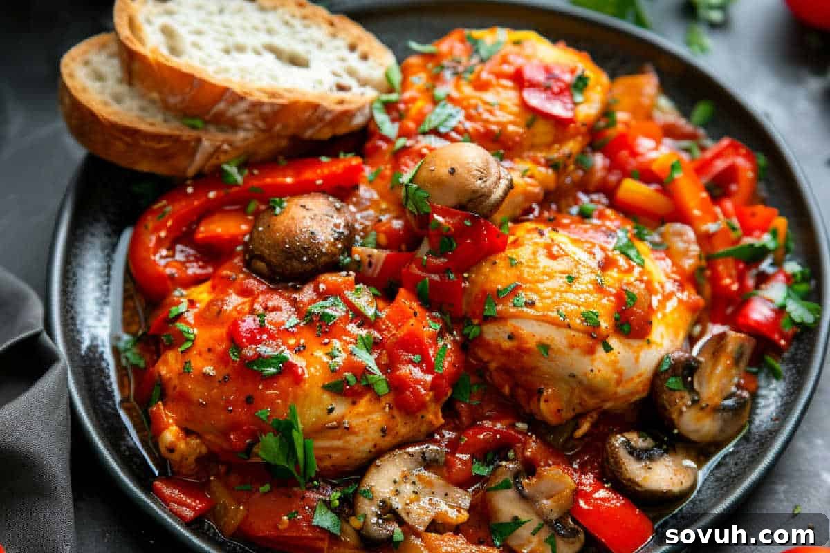 A beautifully plated dish of slow-cooked chicken cacciatore, featuring tender chicken thighs nestled in a rich tomato sauce with bell peppers, mushrooms, and fresh herbs. Slices of crusty bread are positioned nearby, ready for dipping.