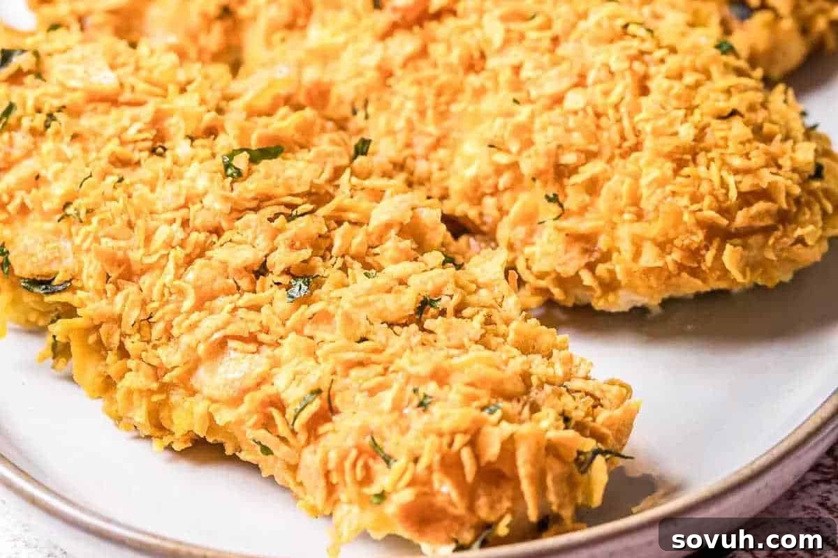 Golden-brown, extra crispy cornflake chicken tenders arranged neatly on a white plate, garnished with fresh chopped herbs for a vibrant touch.
