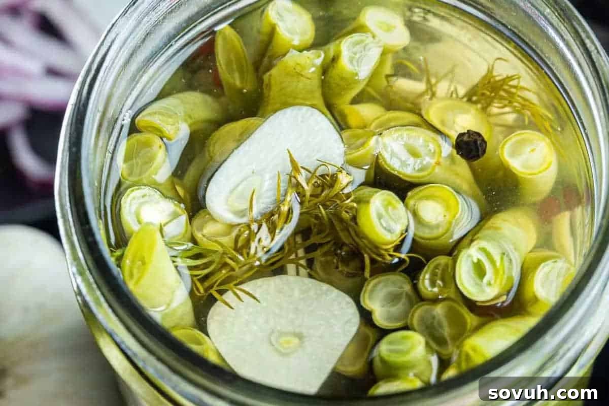 A close-up view of pickled okra spears and garlic slices in a jar with a brine solution.
