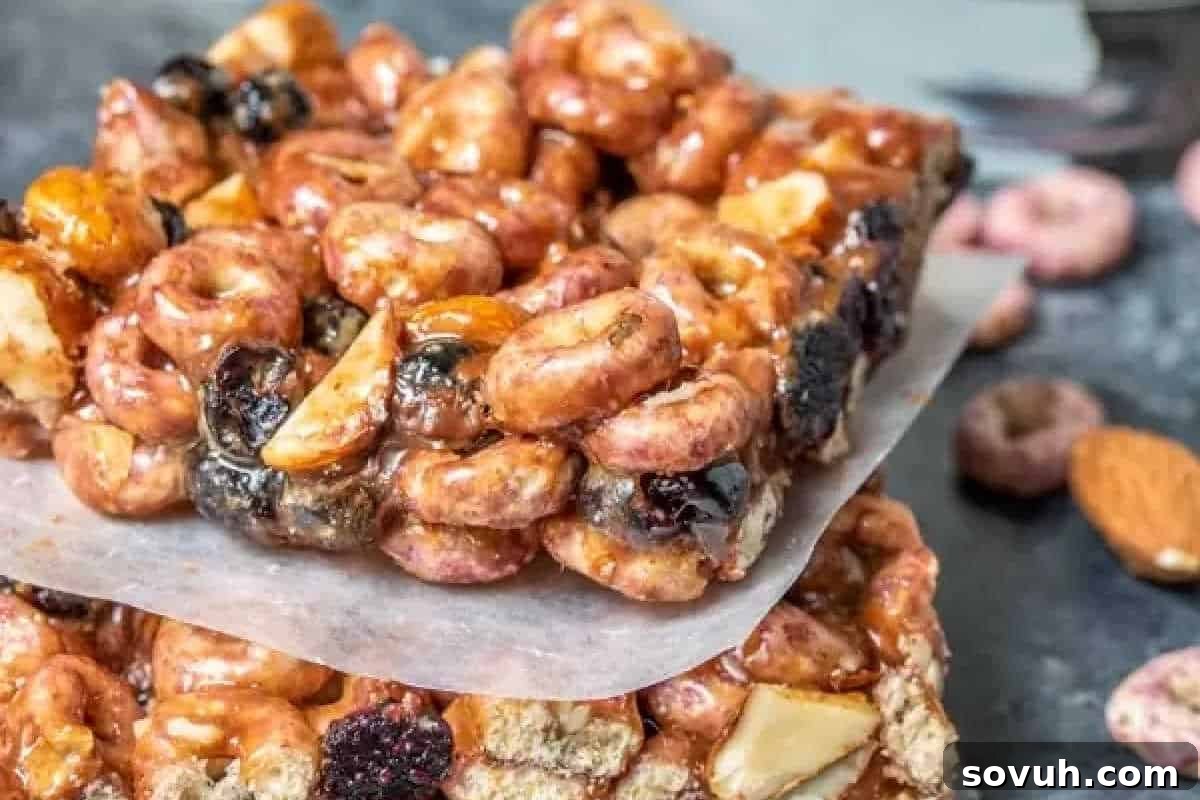 Close-up of a stack of homemade cereal bars with nuts, raisins, and dried fruit on a sheet of parchment paper.