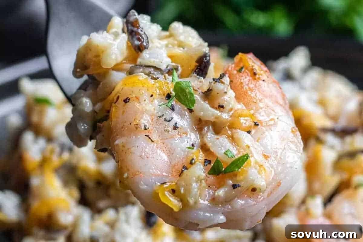 A close-up of a fork lifting a portion of cheesy shrimp casserole with visible shrimp, wild rice, herbs, and vegetables, seasoned with black pepper.