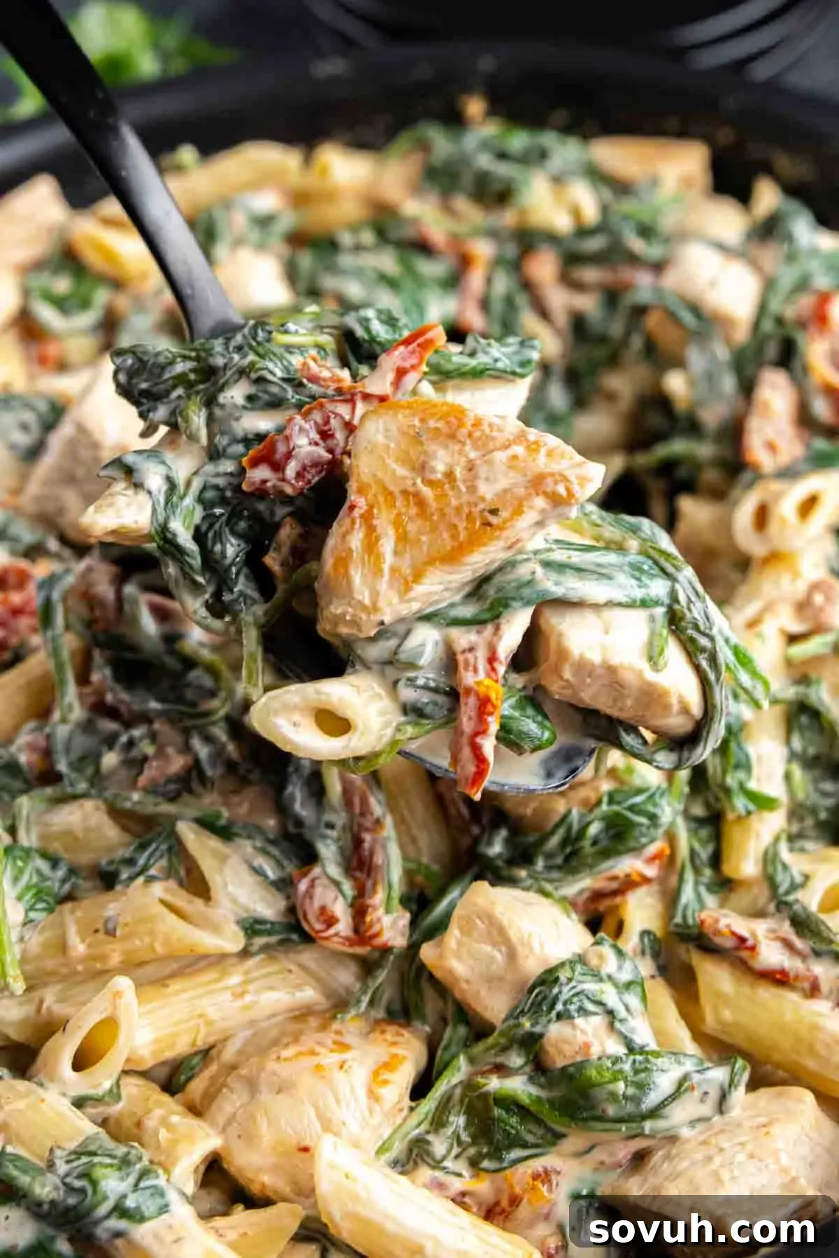 A vibrant and creamy Chicken Florentine Pasta dish, rich with spinach and sun-dried tomatoes, beautifully presented in a serving dish, ready to enjoy.