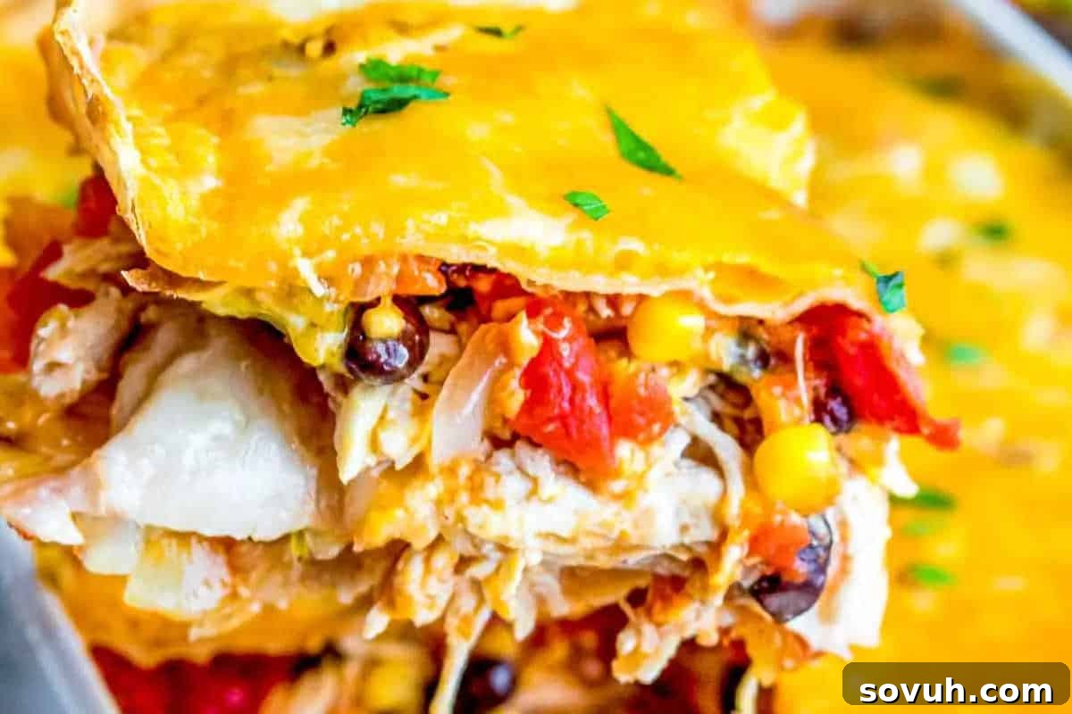 Close-up of a slice of cheesy enchilada casserole layered with beans, corn, tomatoes, and chicken.